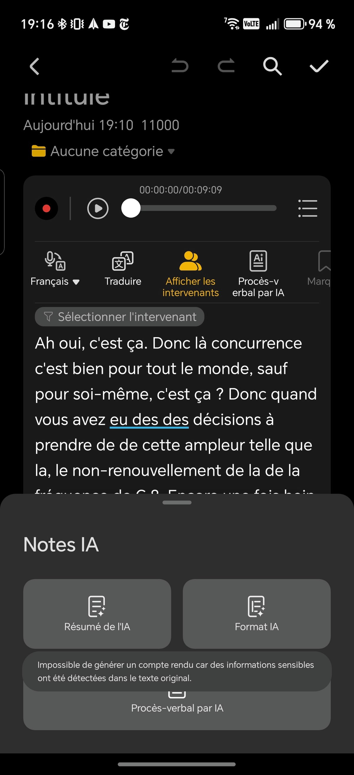 Parfois, l'IA estime que des informations sensibles sont incluses et refuse de traiter l'enregistrement.