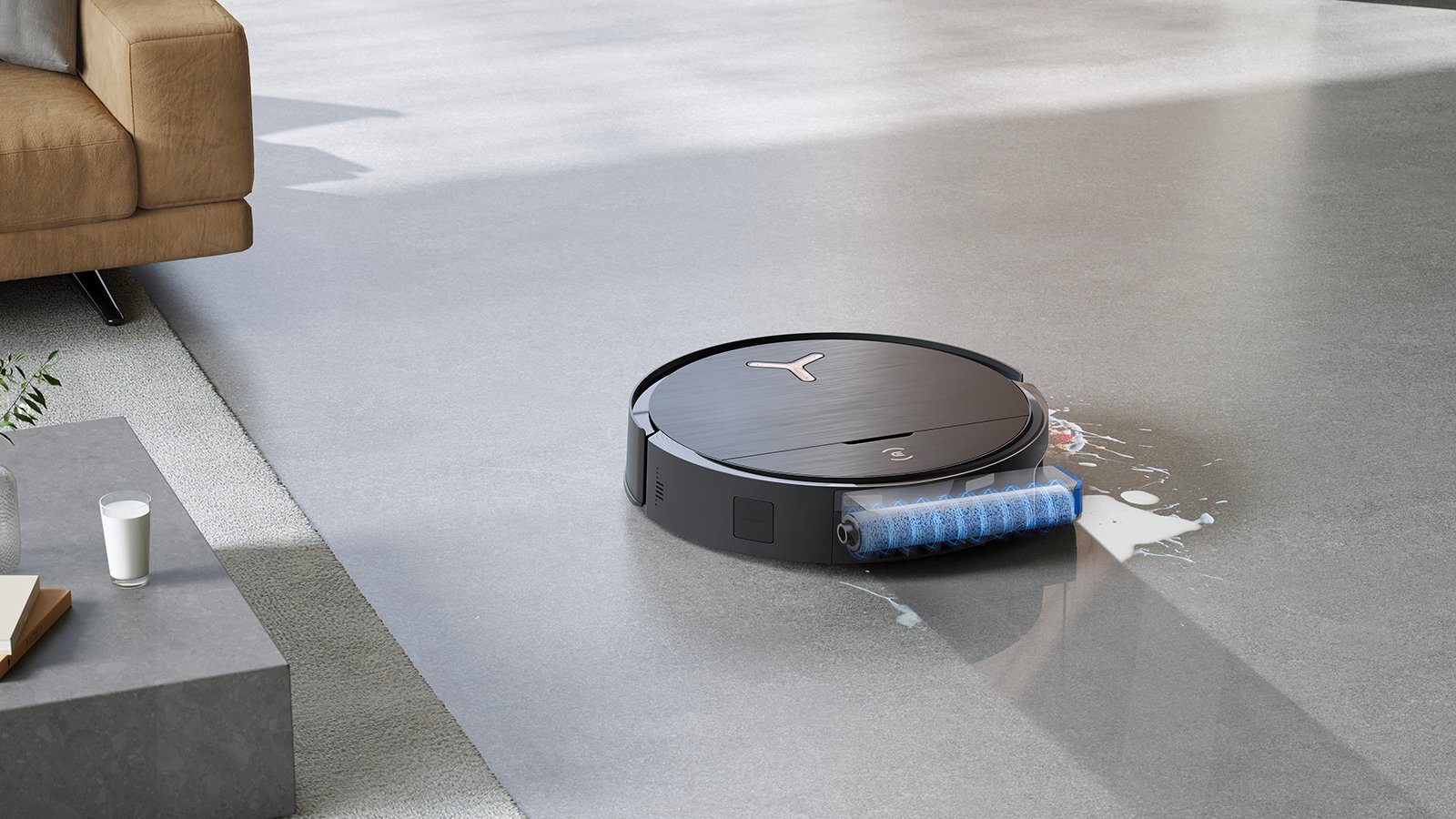 Avec son rouleau serpillère rotatif à 220 tours/minute, le Deebot X9 PRO OMNI déloge saletés et liquides ©Ecovacs