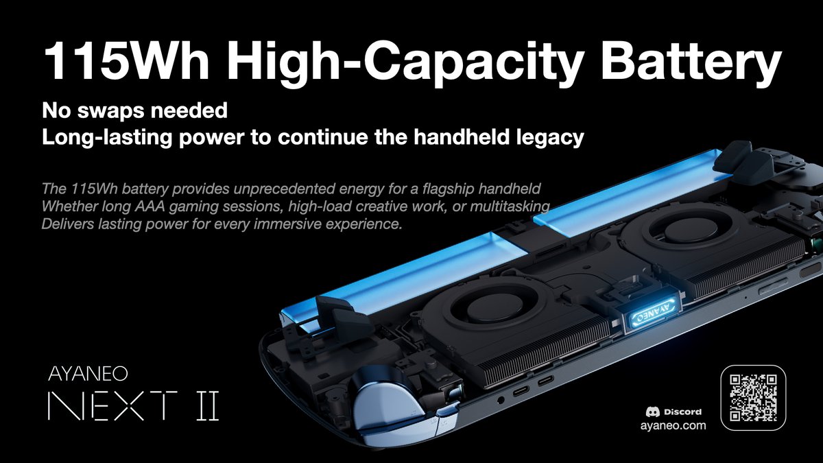 Compte tenu de la consommation du Ryzen MAX+ 395, pas sûr que ces 115 Wh soient suffisants. ©AYANEO