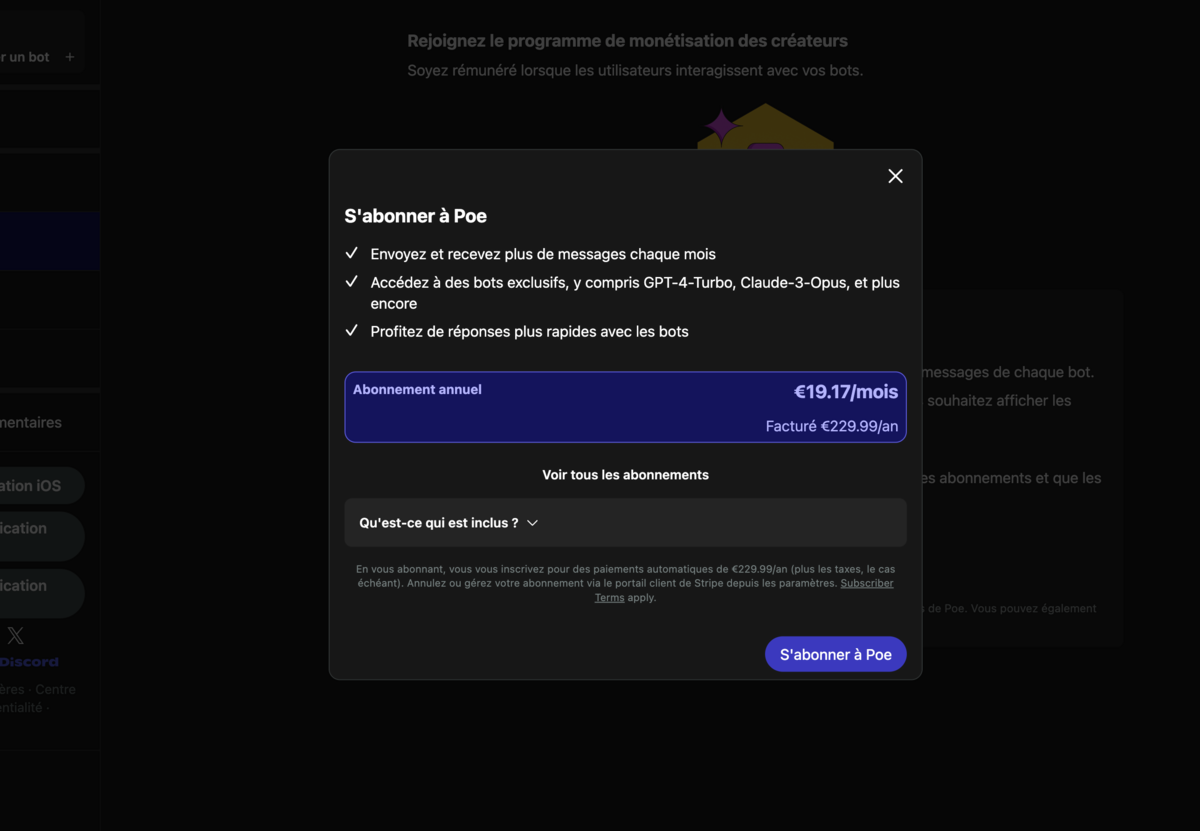 Interface d'abonnement à Poe, offrant des options mensuelles et annuelles pour accéder à des bots exclusifs et des réponses plus rapides.