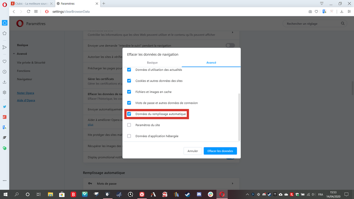 Opera permet d'effacer les données saisies régulièrement.
