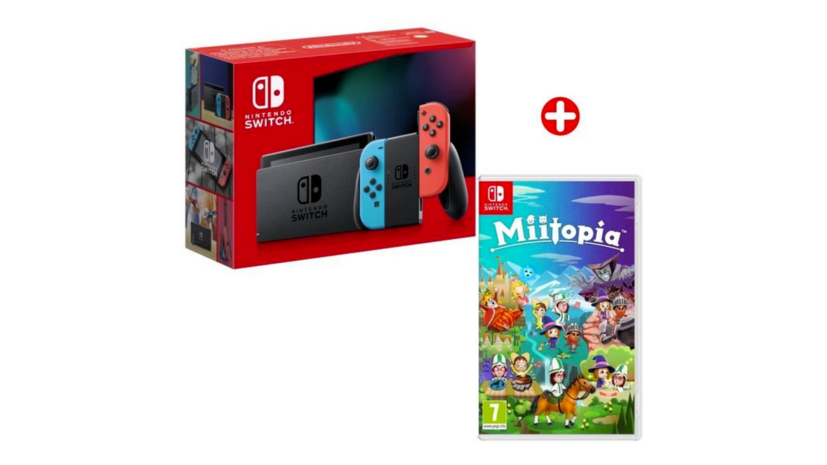 La Nintendo Switch classique avec joy-cons Néon et le jeu Switch Miitopia