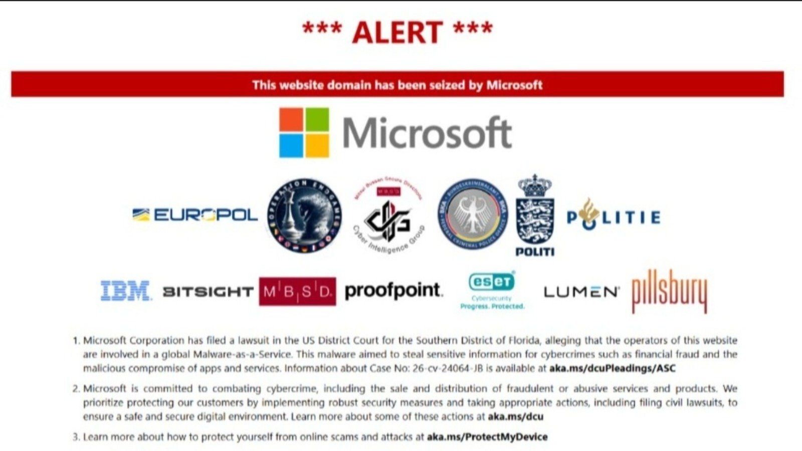 L'opération mobilise un écosystème large de partenaires privés : ESET, BitSight, IBM X-Force, Proofpoint, Lumen et Mitsui Bussan Secure Directions - ©Microsoft