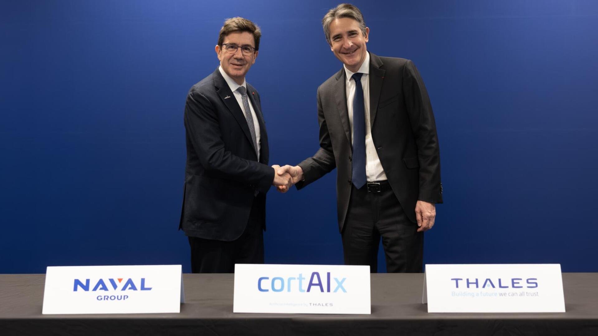 Pierre Éric Pommellet, Président-directeur général de Naval Group, et Patrice Caine, Président-directeur général de Thales. © Anthony Guerra