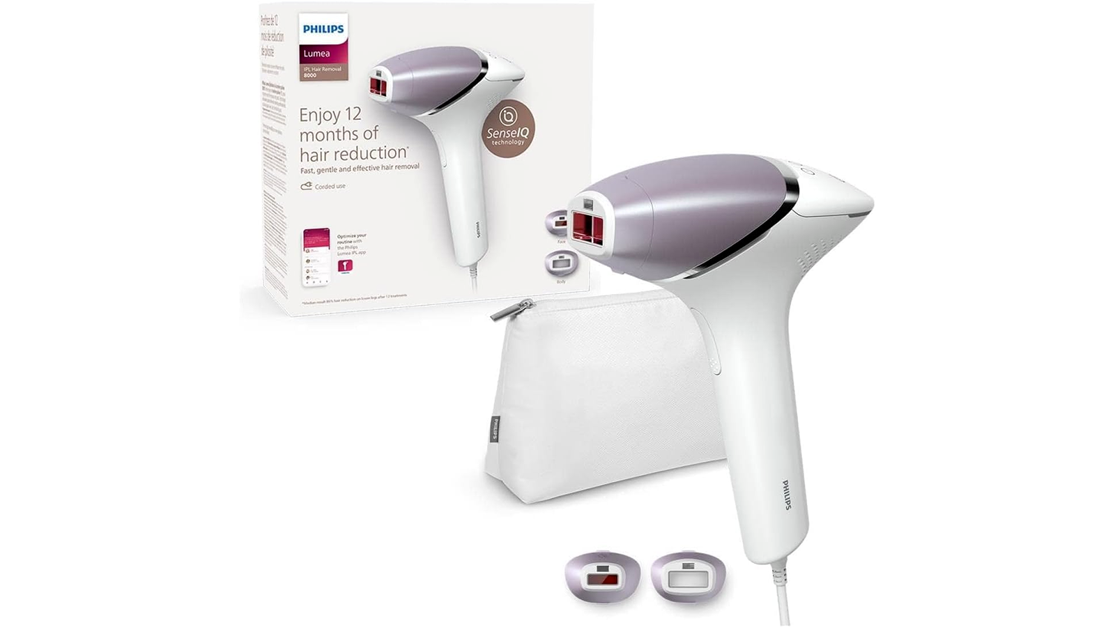 L'épilateur Philips Lumea IPL 8000 Series avec ses deux accessoires intelligents