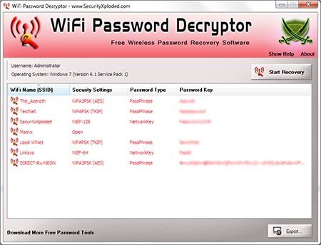 WiFi Password Decryptor affiche l'ensemble des réseaux WiFi utilisés par ce PC - © WiFi Password Decryptor