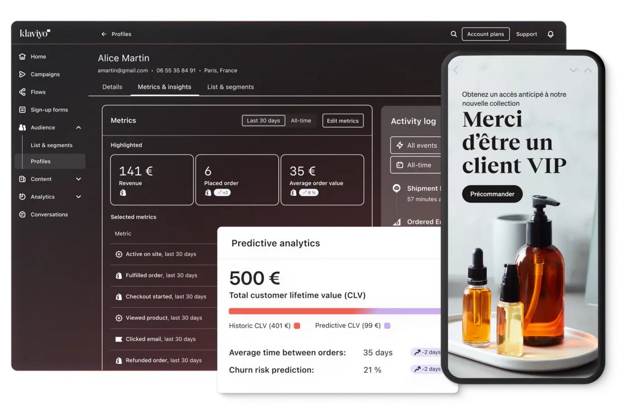 La plateforme d’automatisation marketing intelligente de Klaviyo utilise vos données clients pour vous aider à développer votre croissance. © Klaviyo