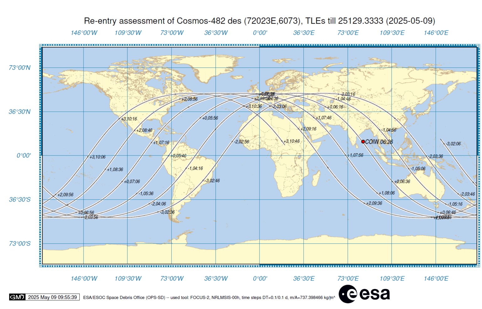 La trajectoire au sol montrant les dernières prévisions concernant l'endroit où la sonde pourrait tomber. ©ESA