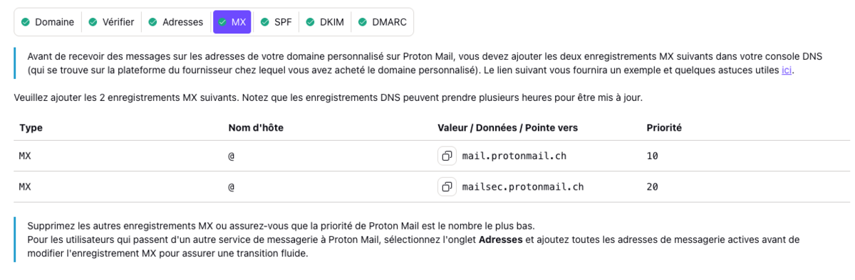 Les information MX de Proton à reporter sur le registrar