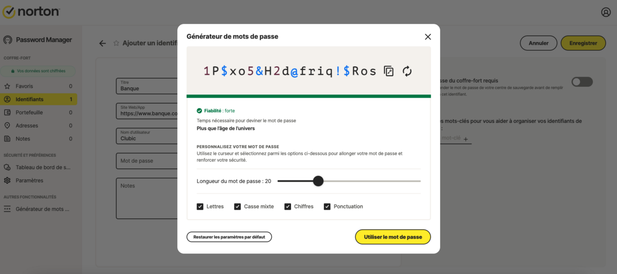 Norton Password Manager stocke les identifiants de manière sécurisée et génère des mots de passe uniques, complexes et aléatoires © Clubic