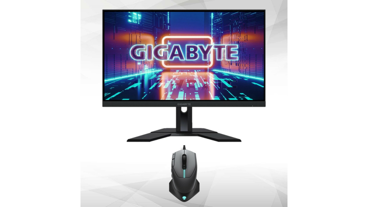 L'écran PC Gigabyte M27Q et la souris filaire Alienware 510M