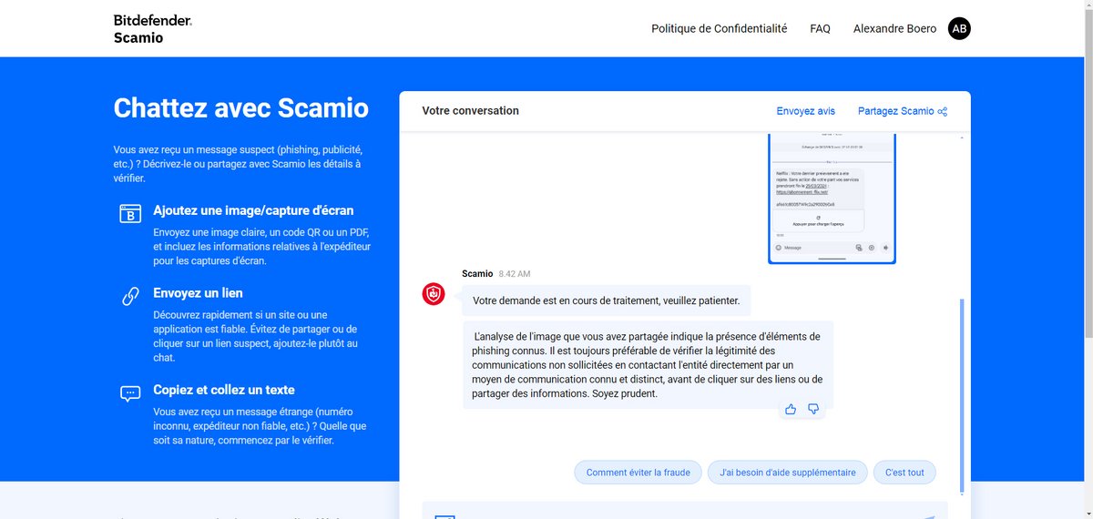 Bitdefender Scamio, testé et approuvé, ici, avec un SMS de phishing Netflix © Alexandre Boero / Clubic