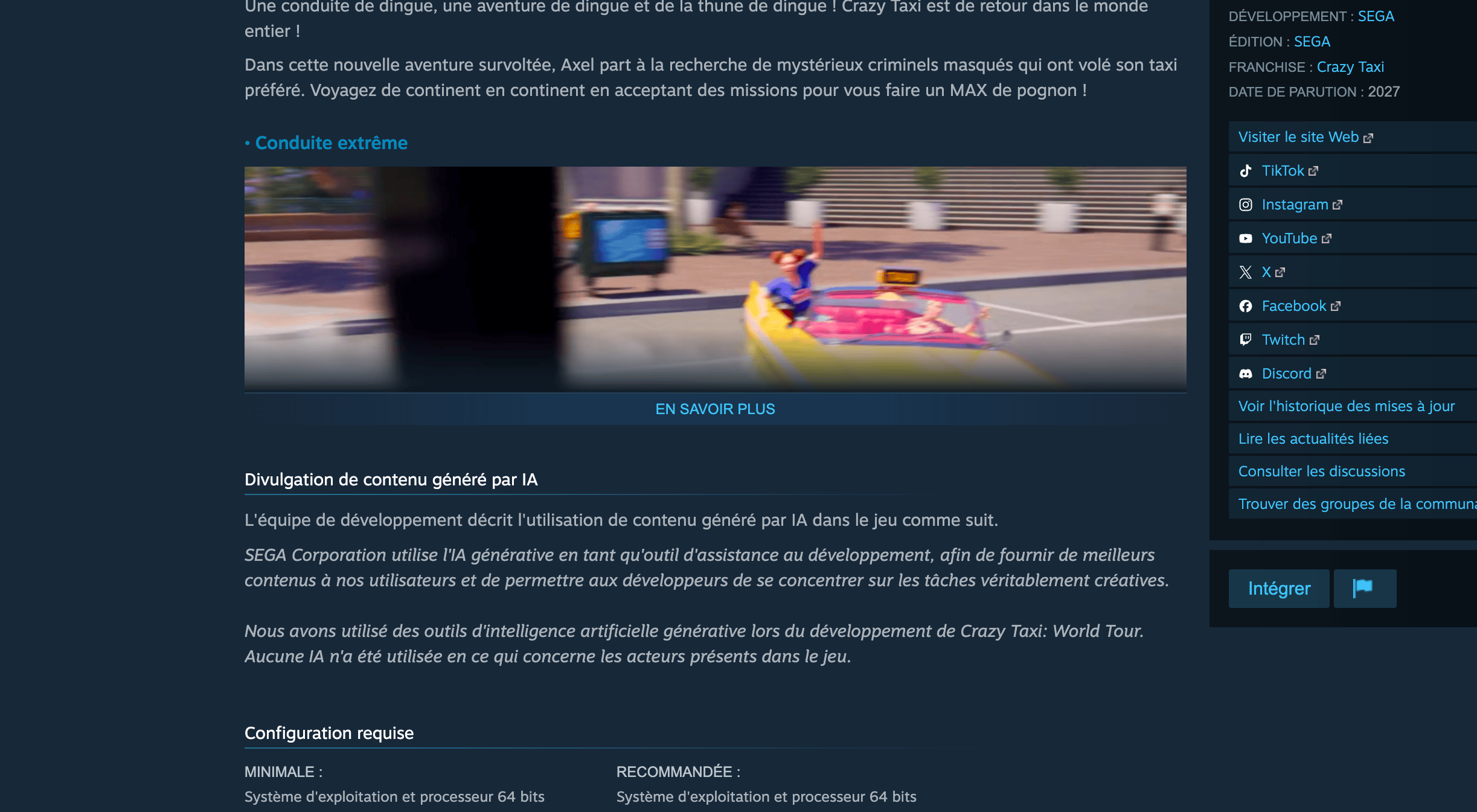 Divulgation de contenu généré par IA sur la page Steam du jeu Crazy Taxi : World Tour © Clubic