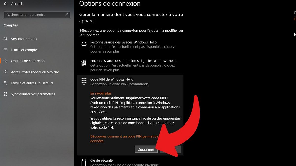 Windows 10 - Confirmation de la suppression d'une méthode d'authentification