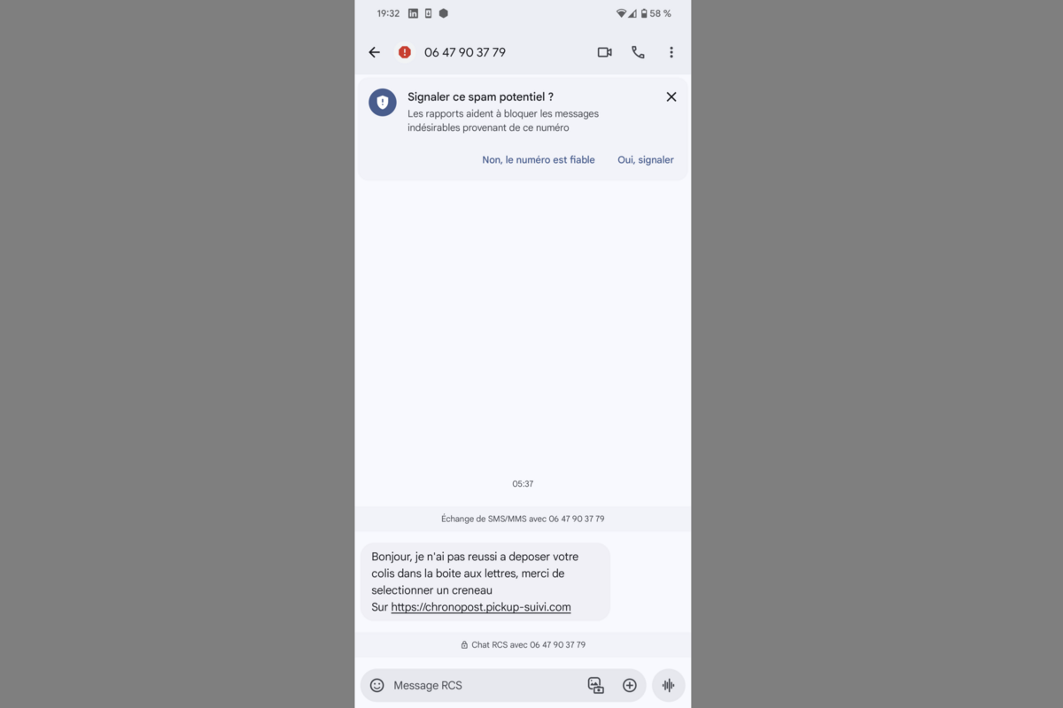 Capture d'écran du SMS frauduleux envoyé © Clubic