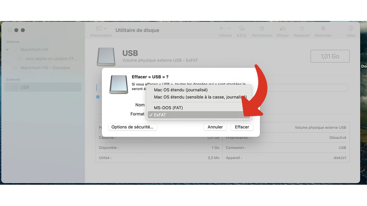 Format exFAT dans le formatage d’une clef USB sous macOS © Pascale Duc pour Clubic