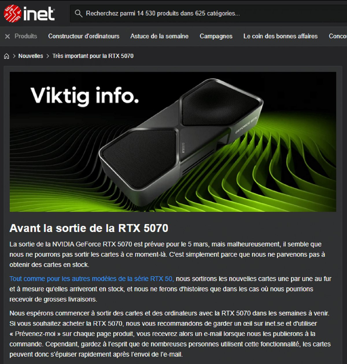 Inet.se se plaint de n'avoir aucune GeForce RTX 5070 en stock © Nerces pour Clubic