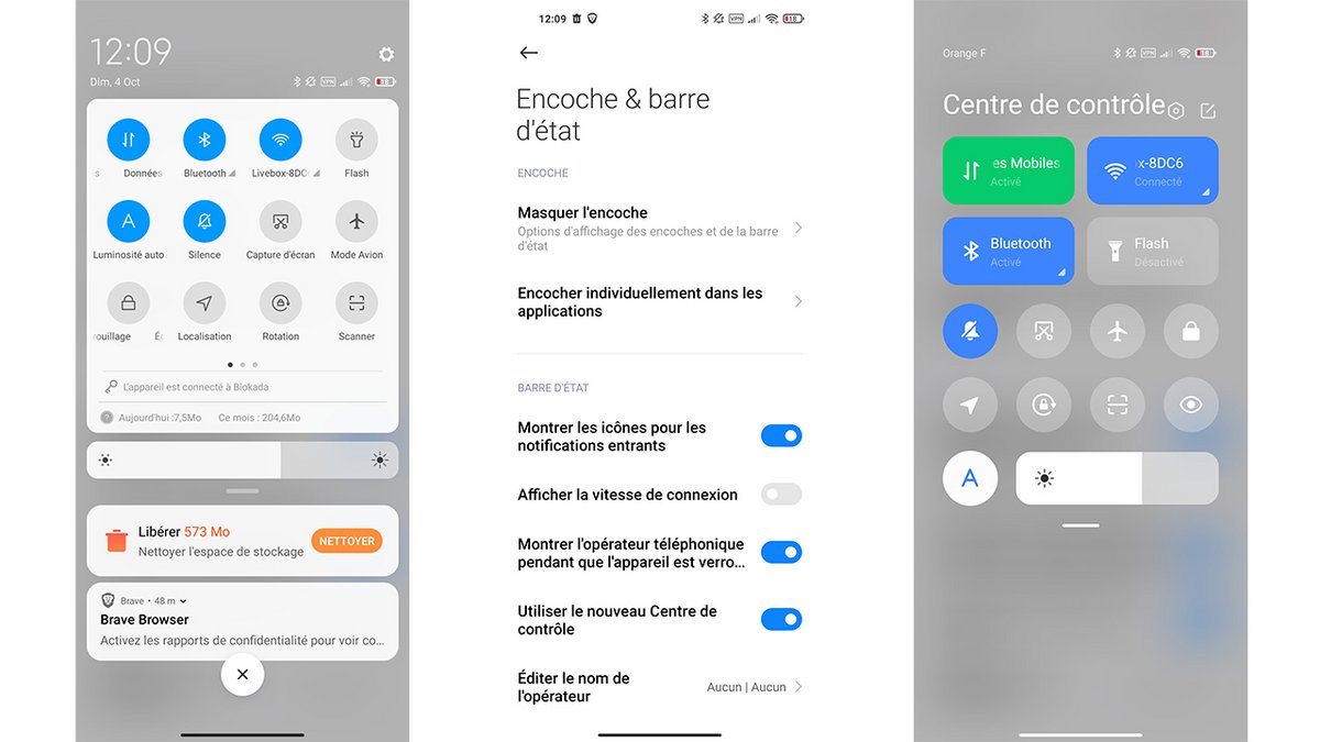 À gauche, le panneau de notification habituel, à droite le nouveau centre de contrôle de MIUI 12.