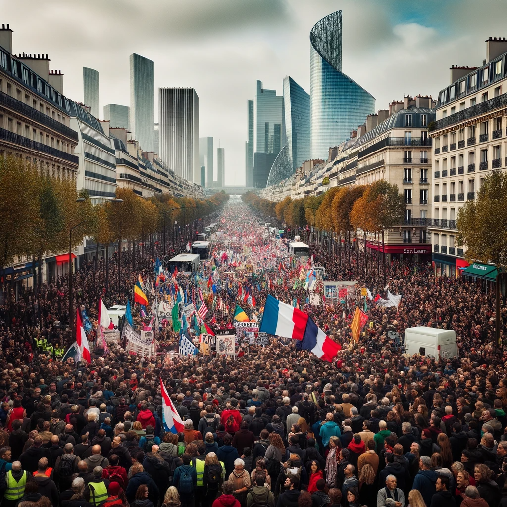 Prompt : Photo réaliste d'une grande manifestation dans les rues modernes de Paris avec des milliers de personnes. Les bâtiments contemporains et des structures modernes comme des gratte-ciels sont visibles en arrière-plan. La foule est colorée, avec des personnes portant des drapeaux de syndicats. L'ambiance est dynamique et vibrante, avec des personnes de divers âges, genres et origines. Des bannières, pancartes et drapeaux ajoutent des touches de couleur vive à la scène.