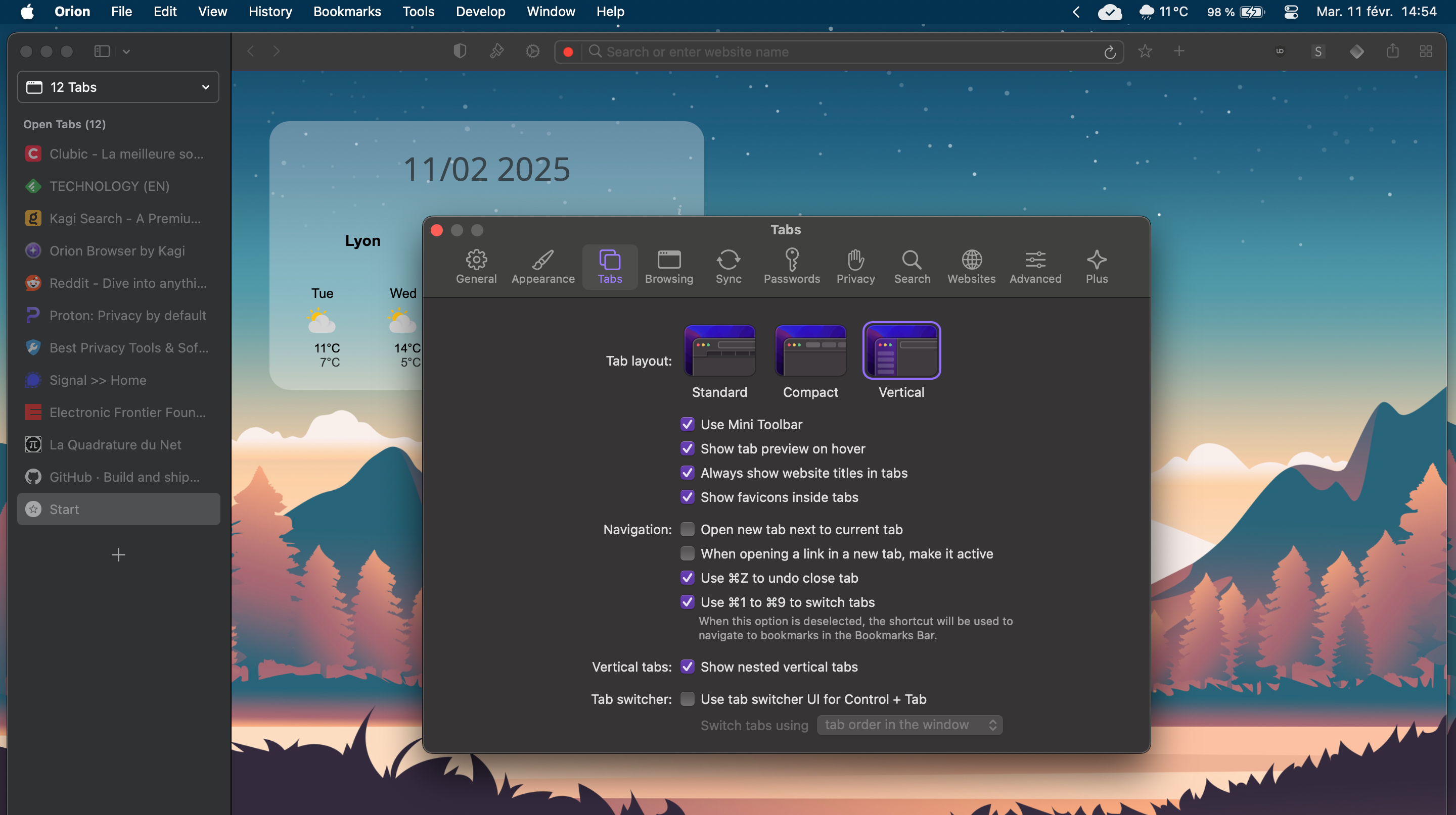 L'agencement des onglets sur Orion
