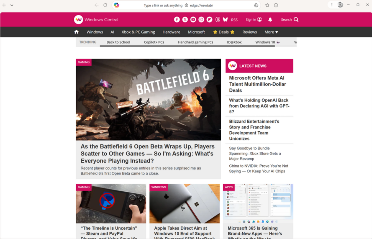 L'interface Olympia de Microsoft Edge en image. © Windows Central / Capture d'écran Clubic