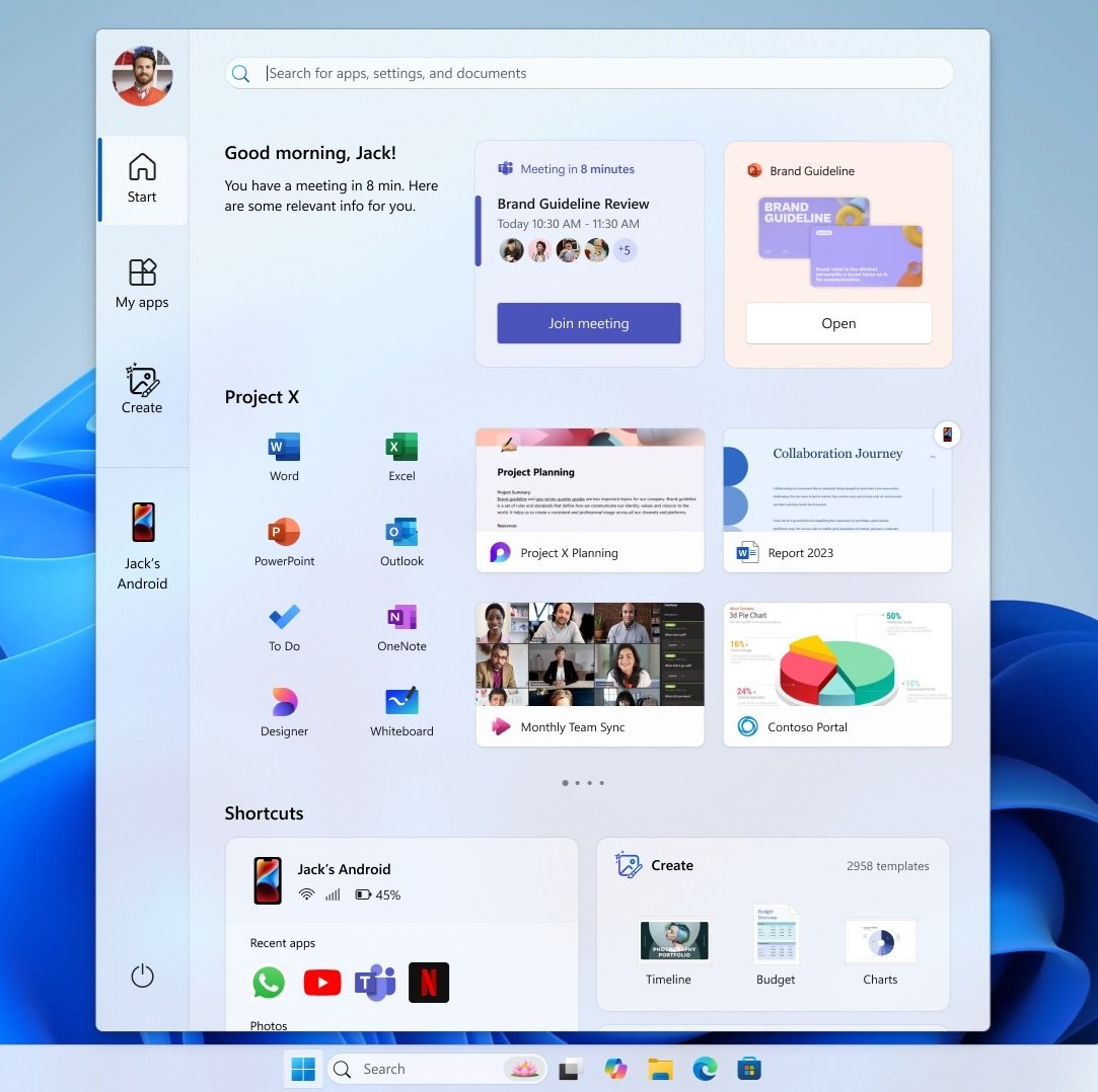Concept de menu Démarrer qui essaie de faire un peu de tout, avec un accès Phonelink, des widgets et un onglet « Créer ». © Microsoft