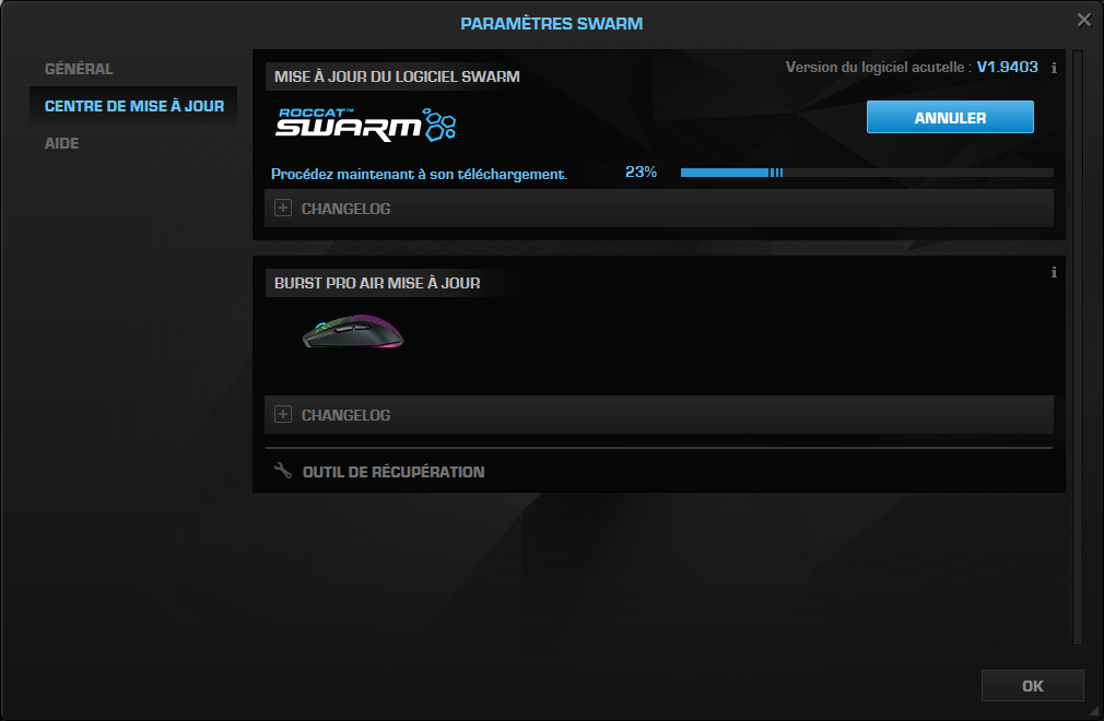 Mise à jour indispensable juste après l'installation de Roccat Swarm © Nerces