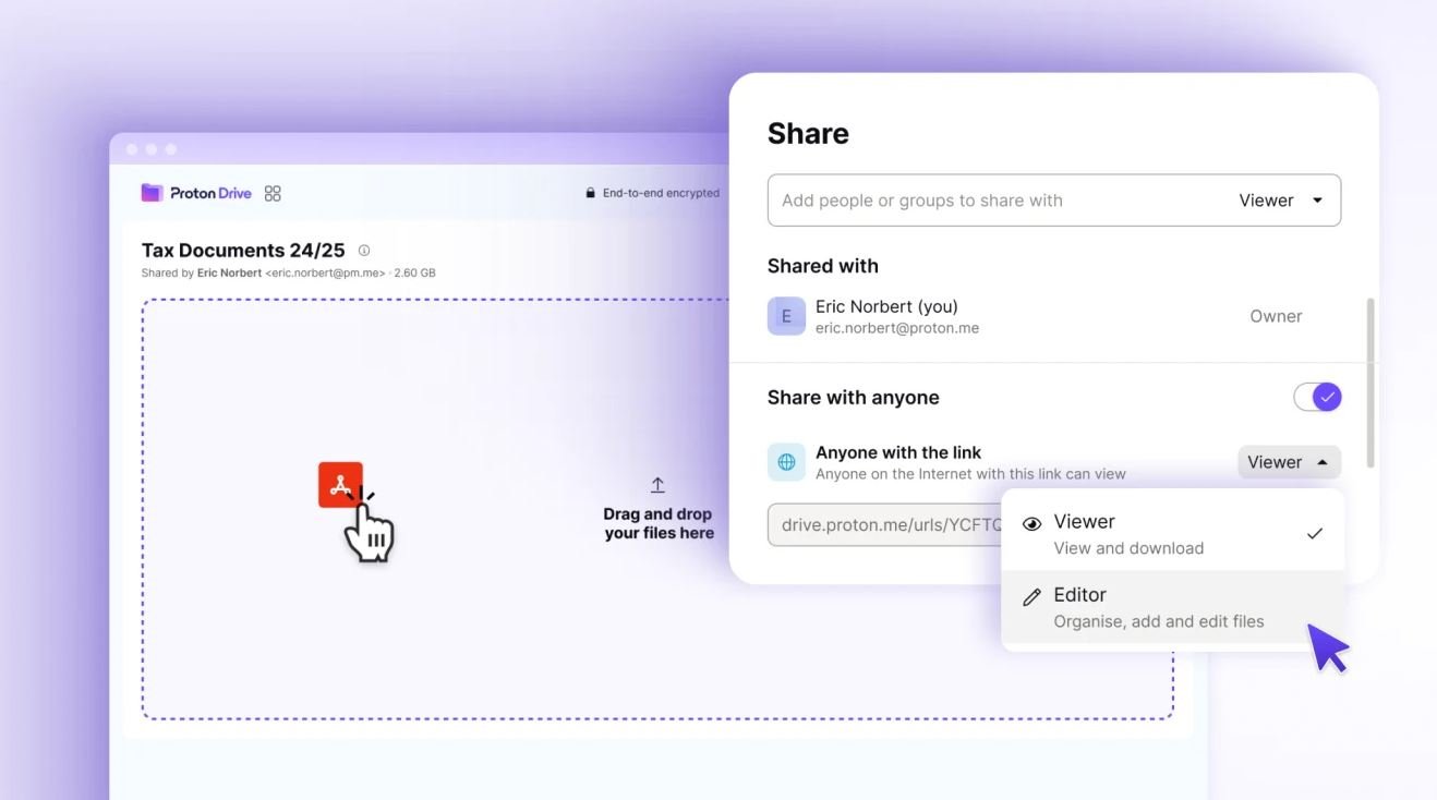 Il est possible d'inviter n'importe quel utilisateur à collaborer sur un document, même sans compte de l'éditeur. ©Proton