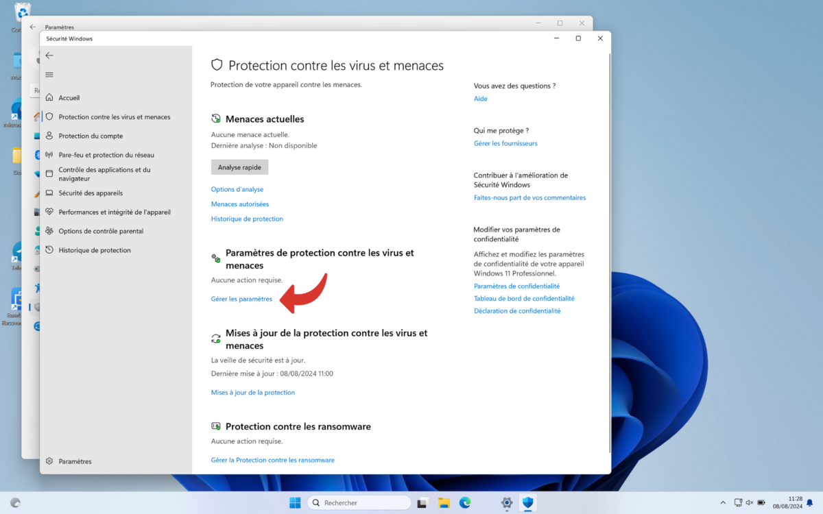 Les options liées à Microsoft Defender se cachent derrière ce petit texte en bleu. © Clubic