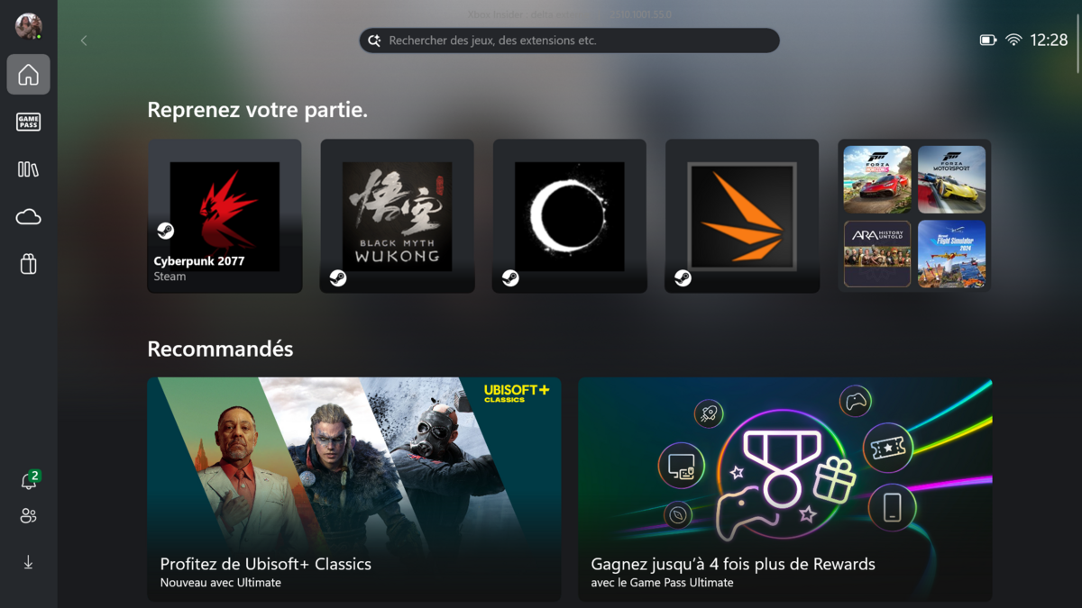 L'écran d'accueil de l'interface Xbox est clair et aéré. ©Nerces pour Clubic