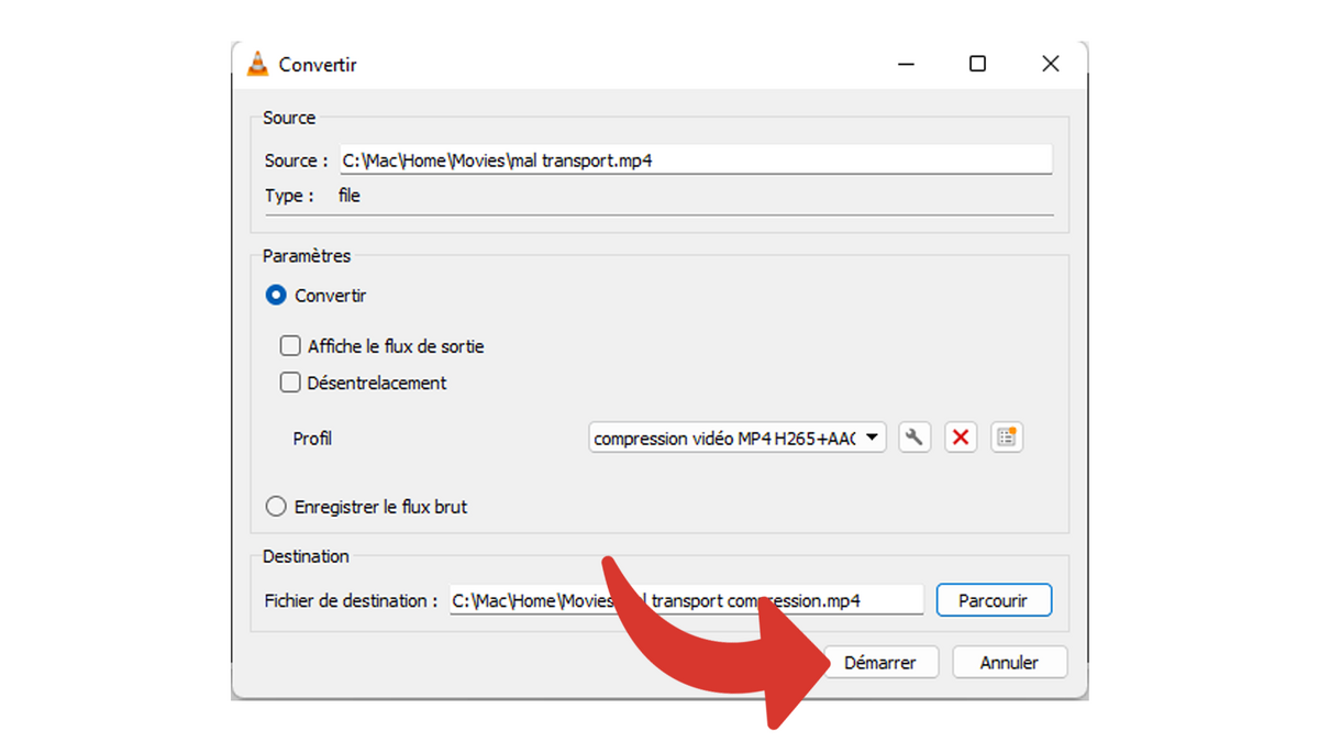 Démarrer la conversion pour compresser la vidéo avec VLC © Clubic