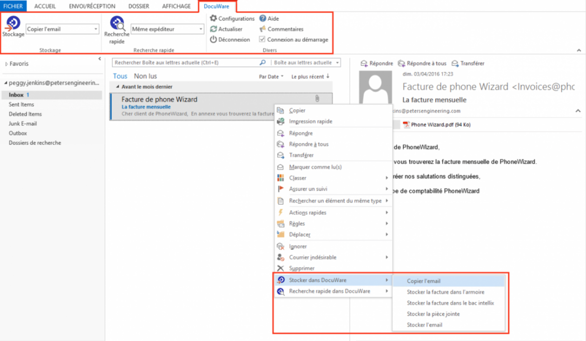 Intégration de Microsoft Outlook avec DocuWare