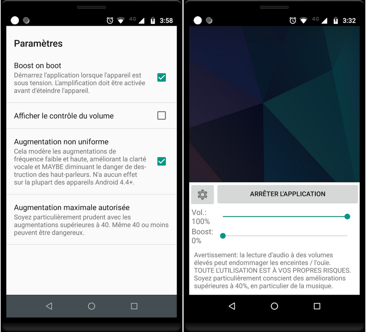 Les paramètres affichent les résultats du réglage de l’amplificateur avec contrôle du volume et options de sécurité. - © Volume Booster