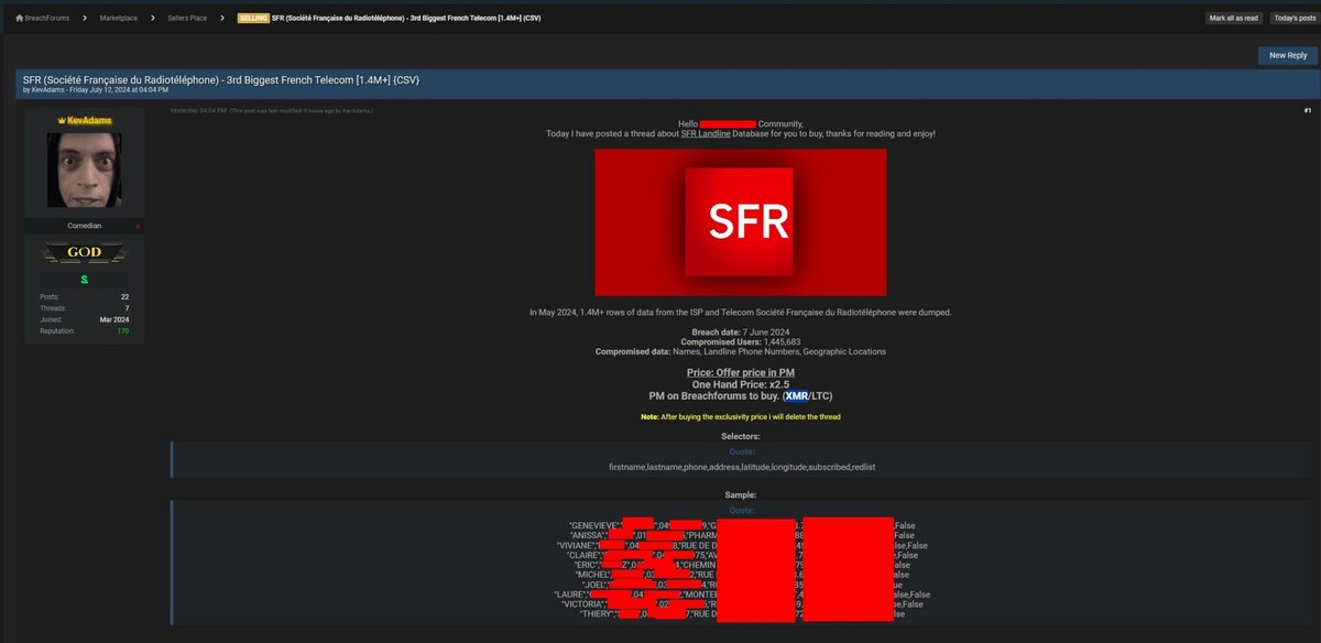 Capture d'écran de la fuite de données SFR