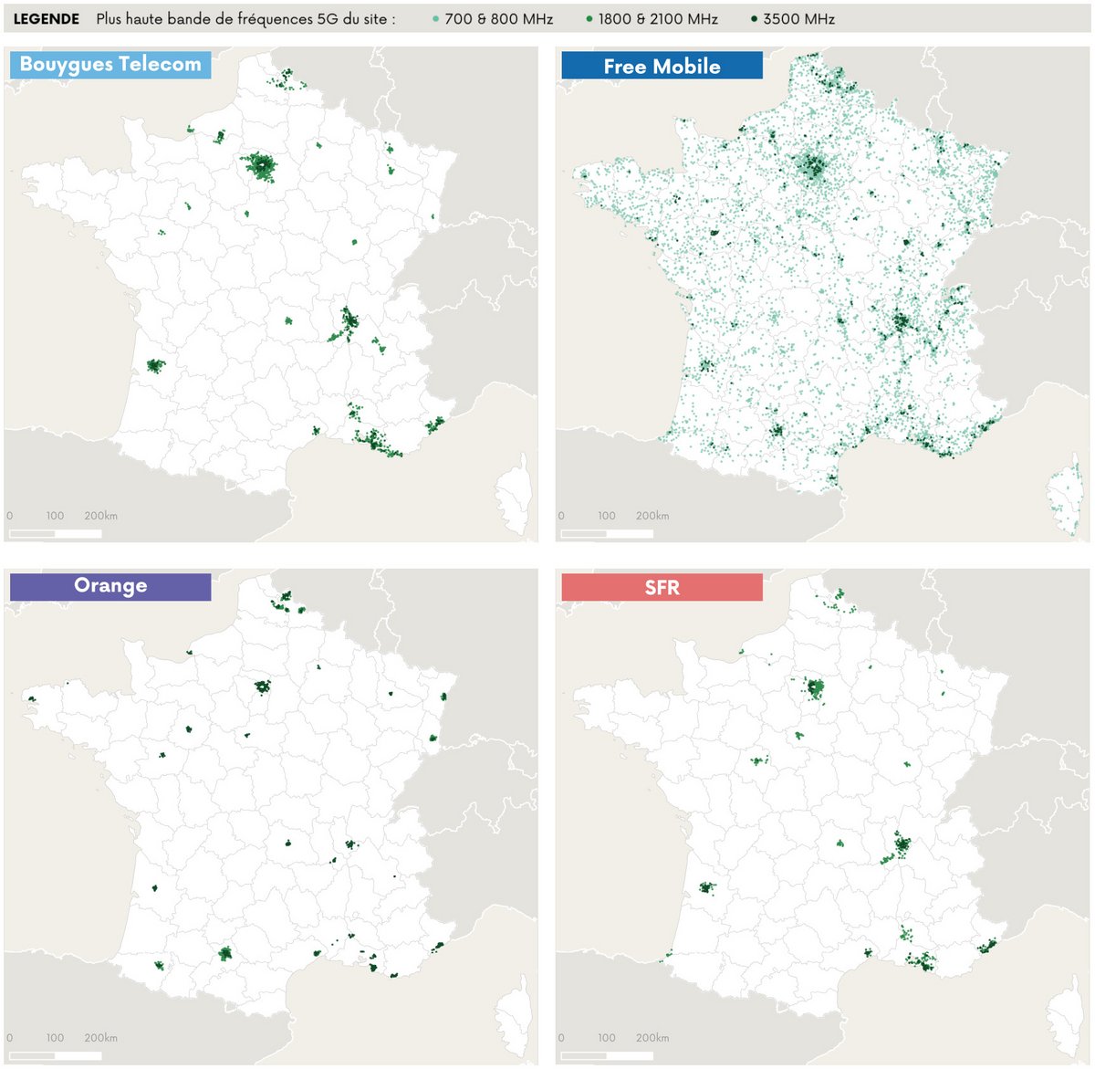 Cartographie des sites 5G ouverts commercialement par opérateur (© ARCEP)