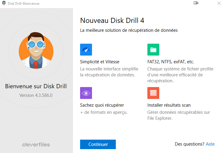 Interface d'accueil de Disk Drill 4 mettant en avant les principales fonctionnalités comme la vitesse, la simplicité et la variété des systèmes de fichiers pris en charge.