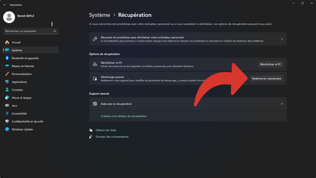 Cliquez sur "Redémarrer maintenant" à côté de "Démarrage avancé" ©Benoit Baylé pour Clubic.com