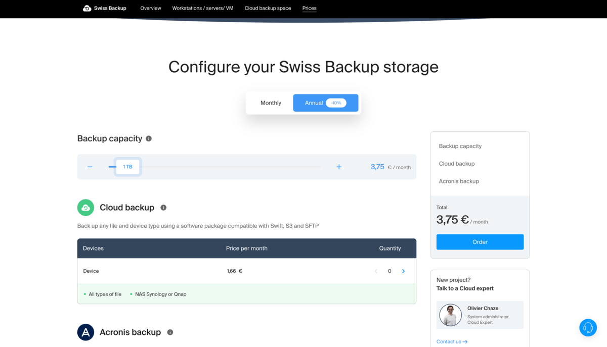 Swiss Backup propose une tarification avec des options mensuelles et annuelles, ajustables selon vos besoins.