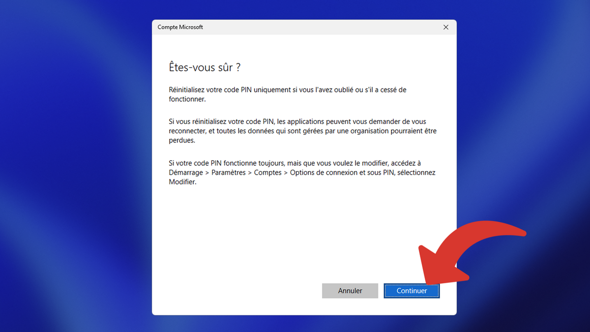 Continuer les étapes pour réinitialiser le code PIN Windows © Clubic