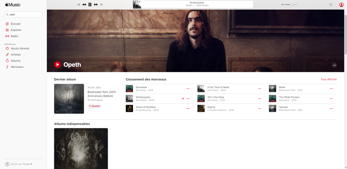 Apple Music - L'interface d'un artiste sur desktop
