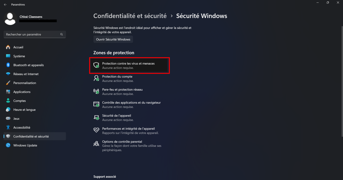Accédez au détail de la protection contre les virus et les menaces. © Clubic