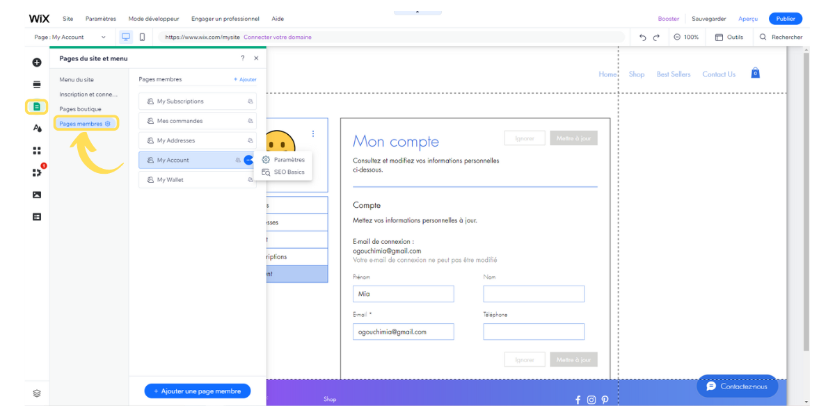 Wix - Gestion de l'espace membre