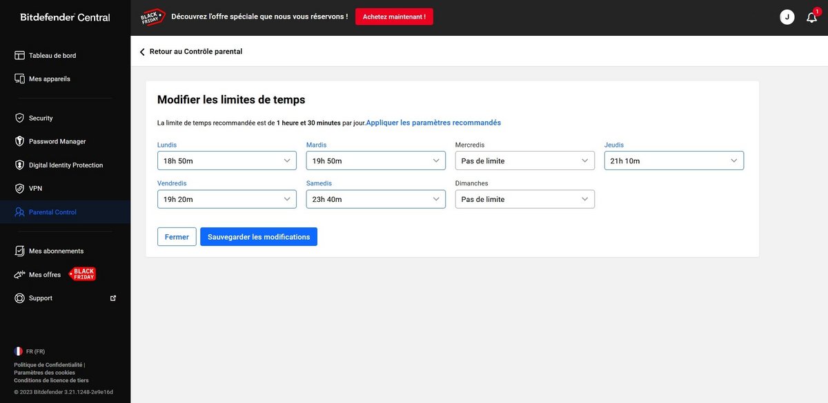 Bitdefender Central - Fixer des limites de temps d'écran