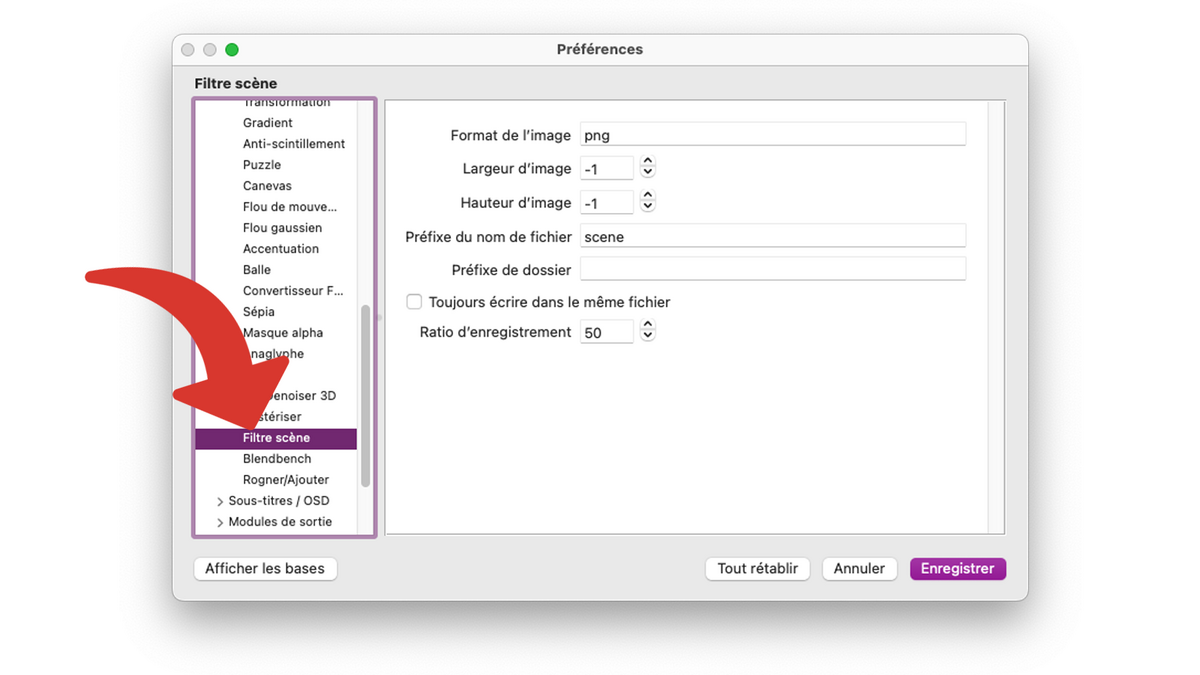Ouvrir les préférences du filtre vidéo de scène © Clubic