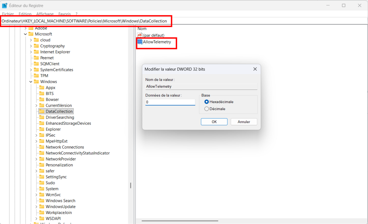 Créez une valeur DWORD "AllowTelemetry" et réglez-la sur le niveau le plus bas autorisé par votre licence et votre statut Insider. © Clubic