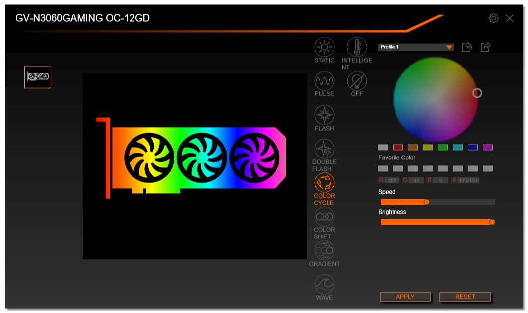RGB Fusion est un gadget d'autant que la RTX 3060 Gaming OC 12G est peu fournie en LED © Nerces
