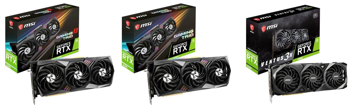 La gamme RTX 3080 de MSI au complet : Gaming X Trio, Gaming Trio (pas encore disponible) et Ventus 3x © MSI