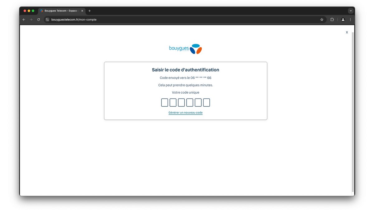 Saisissez votre code d'authentification à 6 chiffres reçu par SMS © Axel Reghis | Bougyes Telecom