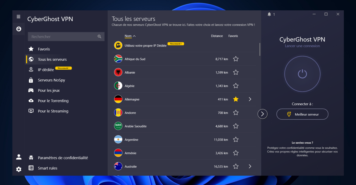 CyberGhost - Les emplacements de connexion couverts par le service. © Clubic
