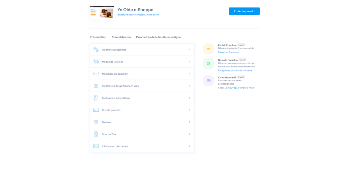 Une autre vue pour les paramètres de boutique © Webnode
